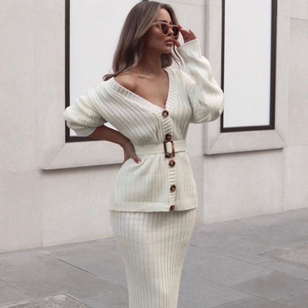 SOLD OUT CLEARANCE Ivory Button Belt Sweater Knit 2Pc Midi Skirt Set - Picture 1 of 3